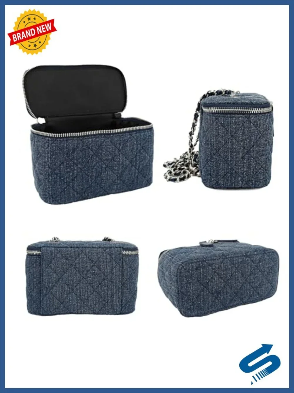 Quilted Denim Mini Crossbody Bag with Chain Strap, Boxy Vanity Case Satchel